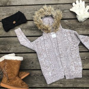Toddler Girls Knit Cardigan Sweater With Fur Hood